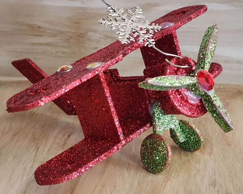Christmas Tree Ornament Wooden Glitter Plane See Pictures